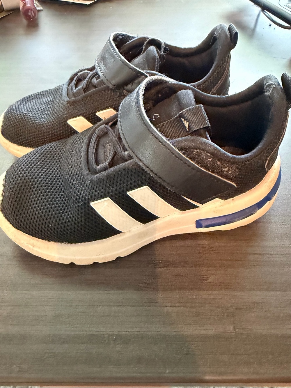 adidas Kids Black Sneakers with White Stripes and Blue Accent